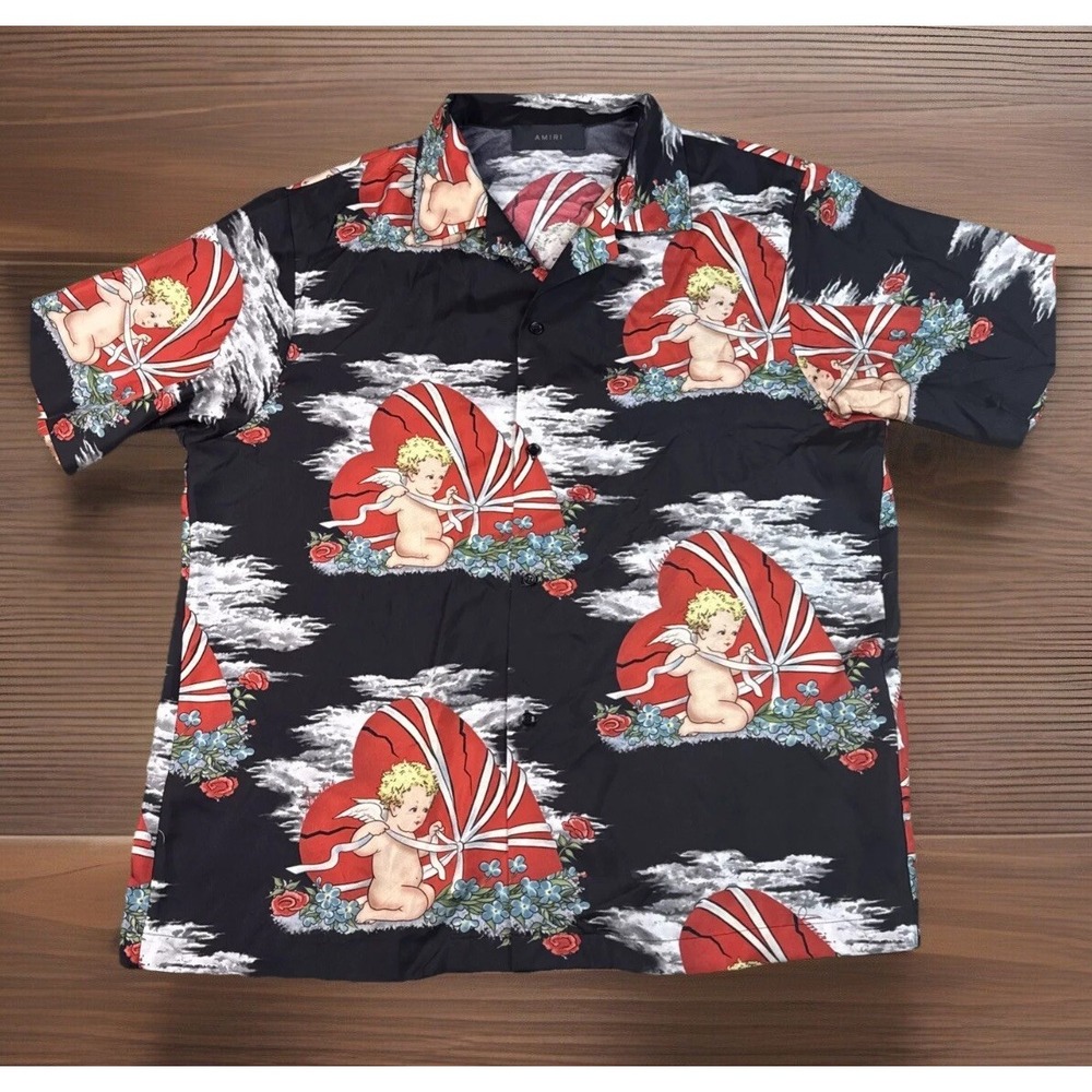 Amiri Cherub Cupid Silk Bowling Shirt Men 2XL All-Over Print Camp Short Sleeve